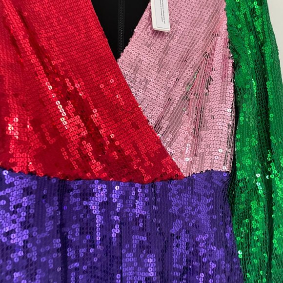 Alice + Olivia Blaze Colorblock Sequin Mini Dress Puff Sleeve Wrap Fit and Flare - Picture 9 of 12